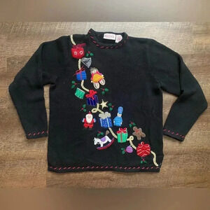 BASIC EDITIONS Christmas pullover sweater Santa toys bright women’s sz M vintage